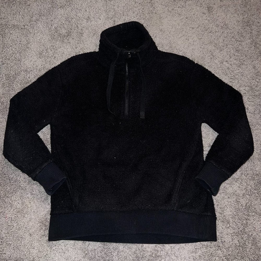 Athleta Talus Black Sherpa Half Zip Pullover Drawstring Sweater Black SIze Small